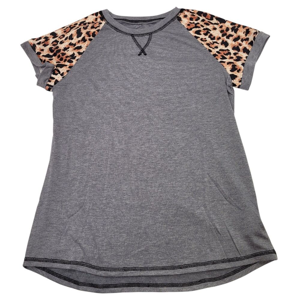 Girls Contrast Patchwork Short Sleeve Casual T-Shirt Gray/Leopard 11-12 Years